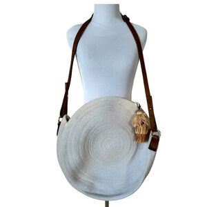 Summer Large Circle Round Macrame Cream Hand Bag with Leather Brown Strap